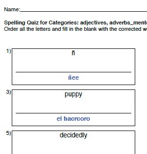 kindergarten pdf spelling for worksheet Spanish  Spelling Printable Text:  Descramble Free Worksheets